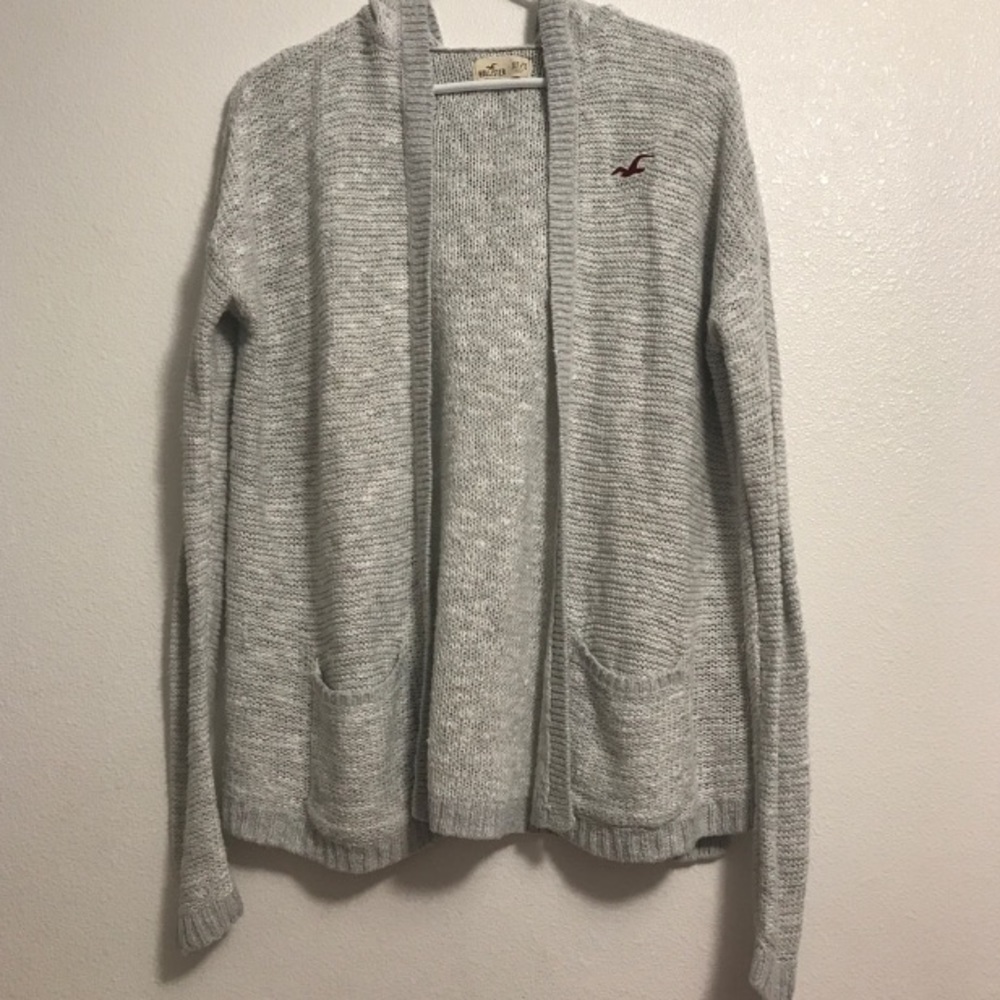 LIGHT GRAY OPEN KNIT CARDIGAN W/ HOOD